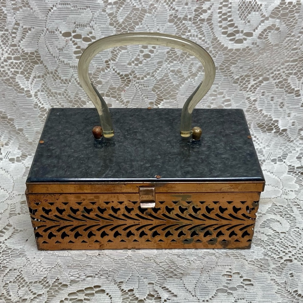 Vintage, Pierced Copper Tone Metal and Gray Lucite Boxy Purse- 8in x4.5 x 3.5in